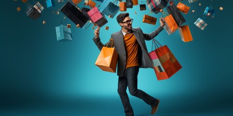 a happy shopper carrying multiple shopping bags filled with Black Friday bargains. Created with generative AI technology.