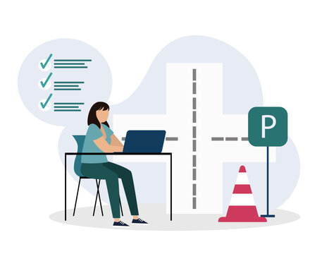 Lady sitting near laptop and learning rules at driving school. Theory and practice. Preparation for obtaining driver license. Flat vector illustration in blue colors
