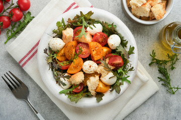 Tuscan Panzanella. Cherry Tomatoes salad with arugula, basil, mozzarella and bread crackers on white bowl. Traditional italian salad. Mediterranean healthy food and