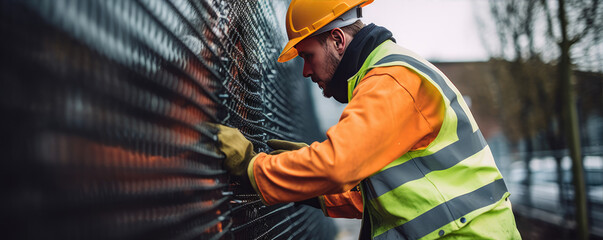 Worker fastening or repair metal mesh fence with hands. - obrazy, fototapety, plakaty