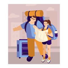 Couple looking for route on map. Man and woman traveling together. Time to travel. Tourists visiting locations, traveling aboard. Flat vector illustration in cartoon style