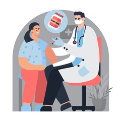 Young smiling woman getting vaccinated in hospital. Vaccination of adult patients. Vaccination and virus protection concept. Flat vector illustration in blue and red colors