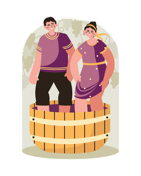 Man and woman crushing berries with feet in basket. Cartoon characters making wine. Wine production industry. Flat vector illustration in yellow and purple colors