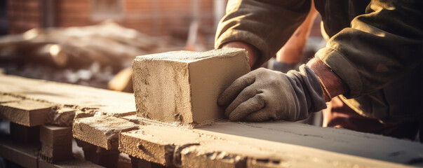 Close up hands of bricklayer, construction worker laying bricks,