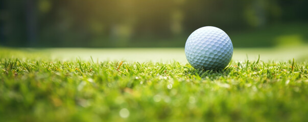 Close up of golf ball on green grass. Golf concept. copy space for text.