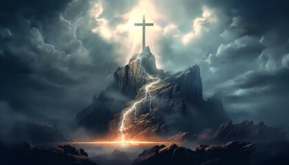 Majestic Mountain Top with Lightning Cloud and Cross, Generative AI