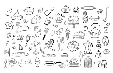 Food doodle hand drawn sketch symbols and objects. Set of kitchen and cooking elements. Vector illustration. Can be used for wallpaper, pattern fills, textile, web page background, surface textures.