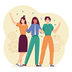 Fototapeta premium Young ladies dancing on party. Career goal achievement for employees. Effective business performance. Workers celebrate success at work. Flat vector illustration with cartoon character