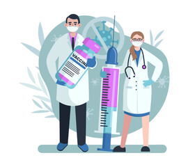 Female and male doctors standing near big syringe and jar with vaccine. Vaccination and virus protection concept. Stop Covid-19 concept. Flat vector illustration