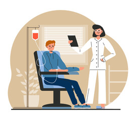 Doctor in white uniform checking patient in ward. Man donate blood for people in need. Medical center for blood collection. Lifesaving impact of blood concept. Flat vector illustration