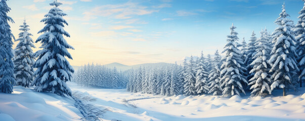 panoramic photo of the trees covered with snow in the snowland, copy space for text