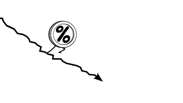 Percent rate still goes down seamless loop whiteboard. Walking down coin. % character falling down fast. Funny business cartoon. Interest rate lose metaphor for business use.