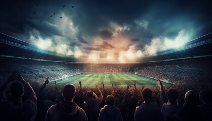 Stadium Scene with Energetic Crowd Watching a Thrilling Football Game, Copy Space, Generative AI