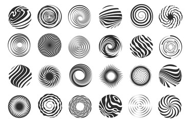 Swirl figure. Spiral abstract movement and hypnotic vortex, whirl and vortex dynamic icon design. Vector tornado spiral icons set