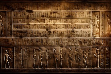 A dramatic close-up shot of hieroglyphics, the written language of ancient Egypt, etched into a weathered stone surface. 