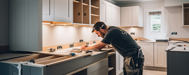 Worker or carpenter installing new modern kitchen. - obrazy, fototapety, plakaty