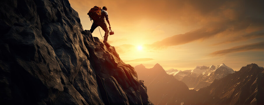 Climber on a rock in sunset light,  panorama photo