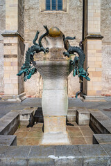 Halle, Saale, Germany -  Fountain with dragons near Hallmarkt square at Church of Our Dear Lady in...
