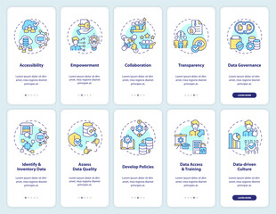 2D icons representing data democratization mobile app screen set. Walkthrough 5 steps colorful graphic instructions with thin line icons concept, UI, UX, GUI template.