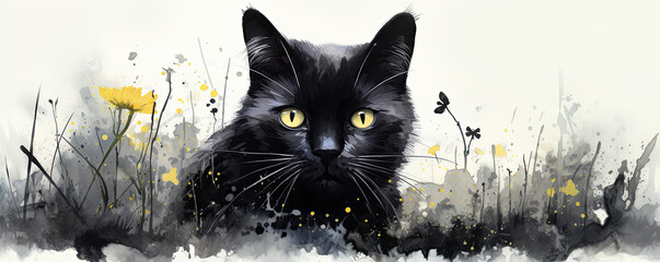 Black cat with draw background. cartoon style photo
