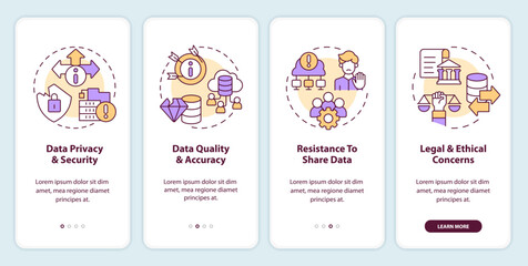 2D icons representing data democratization mobile app screen set. 4 steps graphic instructions, UI, UX, GUI template.