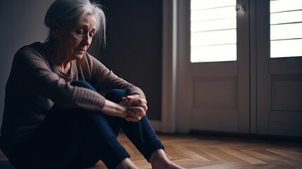 Depressed senior woman sitting on floor at home. Copy space