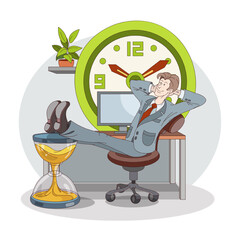 Male sitting near work place and resting after work. Time management concept. Worker complete tasks successfully. Getting job done on time. Flat vector illustration in blue colors