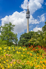 Fototapeta premium Flowers in front of the Florianturm tower in Dortmund, Germany