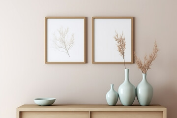 Interior of modern living room with two vertical posters on the wall, two vases with dried flowers in a vase, 3d render