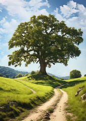 Fototapeta na wymiar Alone tree in green field with blue sky. illustrative