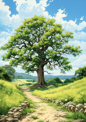 Obraz premium Alone tree in green field with blue sky. illustrative