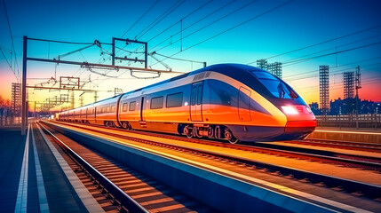 Fototapeta premium elektricity express train to the station in the city, made with Generative AI