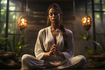 Young woman sitting on the floor, lights candles, enjoy meditation, do yoga exercise. Mental health, self care, No stress, healthy habit, mindfulness lifestyle, anxiety relief concept