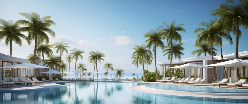 Tropical Paradise Resort with Palm Trees, Umbrellas, and Swimming Pool near the Beach, Relaxation and Luxury Concept, Copy Space, Generative AI