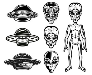 Aliens and ufo set of vector objects or graphic elements in vintage monochrome style isolated on white background © Flat_Enot