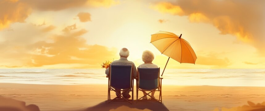 Serene Beach Sunset: Elderly Couple Embracing Under a Colorful Umbrella, Generative AI