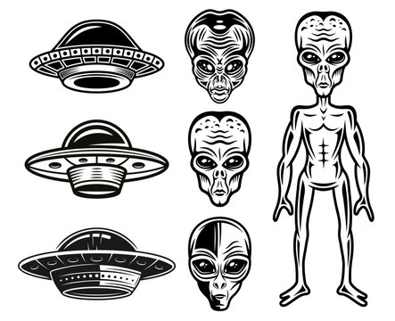 Aliens and ufo set of vector objects or graphic elements in vintage monochrome style isolated on white background