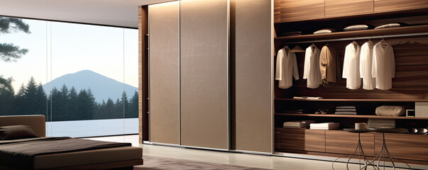 Modern wardrobe with sliding doors in tidy clean room. panorama photo