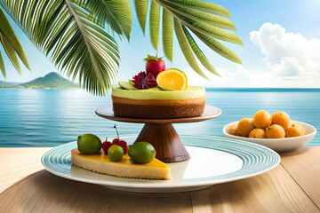 tropical-inspired presentation for a key lime pie meal.vibrant colors, lush greenery,  tropical fruits to create a refreshing atmosphere that evokes the essence of a beachside vacation | Generative AI