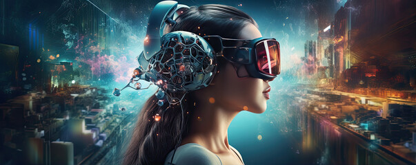 Woman wearing virtual reality headset or glasses. panorama photo - obrazy, fototapety, plakaty