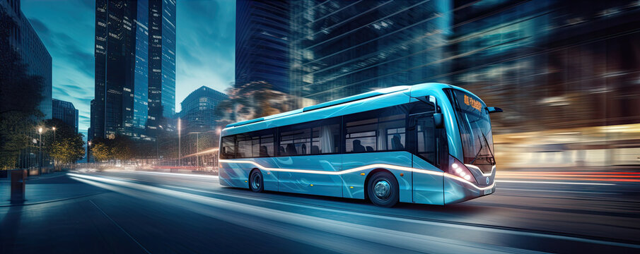Scifi or futuristic bus in motion in evening city.
