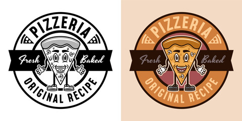 Pizzeria vector round emblem, logo, badge or label with pizza piece cartoon character in two styles black on white and colored