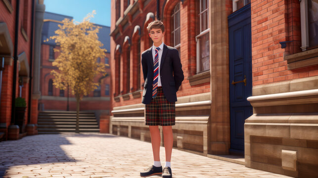 student in english uniform in front of school, generative ai