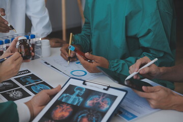 Medical technology network team meeting concept. Doctor hand working smart phone modern digital...