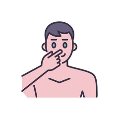 Obraz premium Avoid face touch related vector icon. Man touches face with finger. Avoid face sign. Isolated on white background. Editable vector illustration