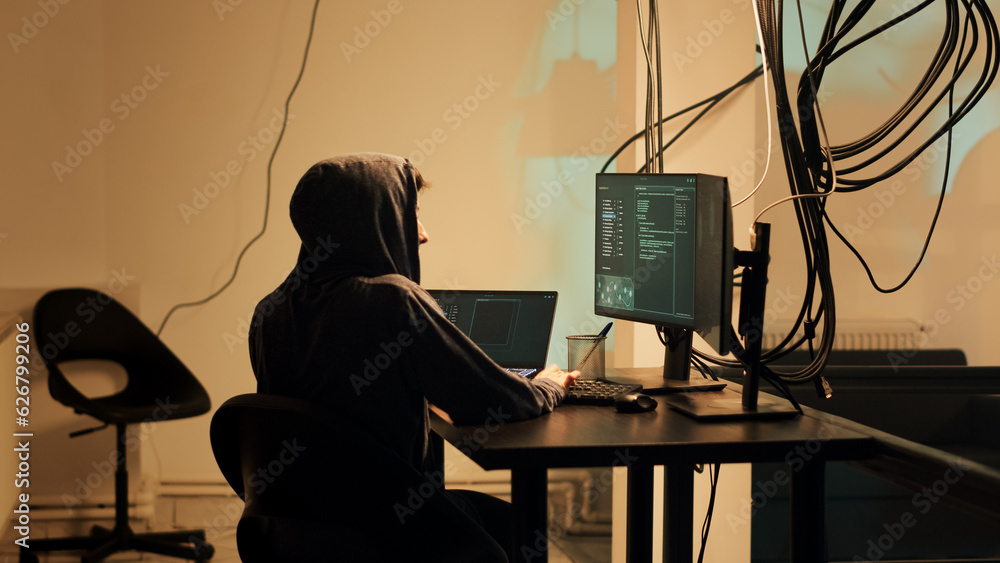 Poster professional hacker using online pc system to access sensitive information. thief doing phishing and