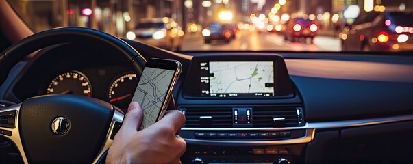 Car driver using GPS navigation in mobile phone.