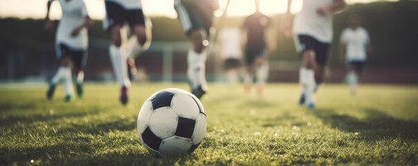 Fototapeta premium Detail of soccer players running after the ball in sunset light.