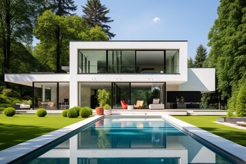 Modernist villa, capturing the sleek and minimalist architecture of the Bauhaus movement. - obrazy, fototapety, plakaty