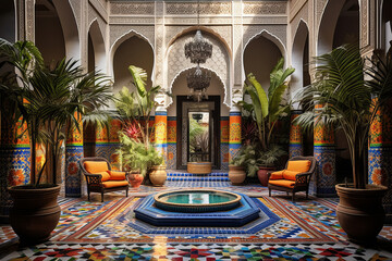 Moroccan riad , reflecting the distinctive architecture of North Africa. Courtyard house with a central fountain, surrounded by arched doorways - obrazy, fototapety, plakaty
